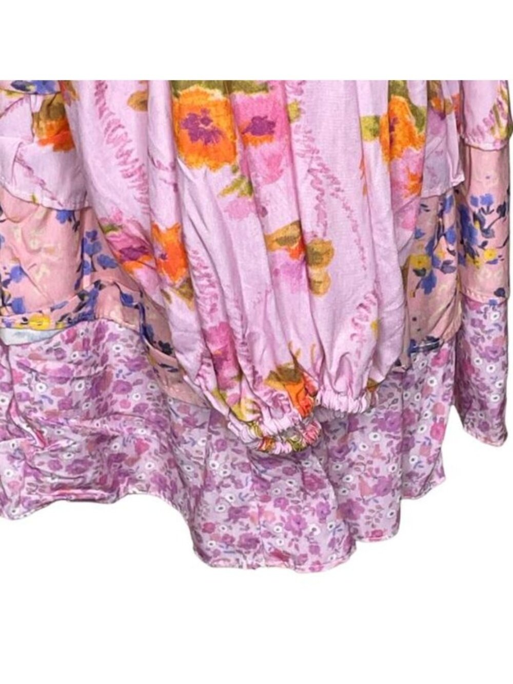 Pink Ripple Floral Ruched Mini Dress Medium Pink V Neck Ruffle Flounce Boho - Picture 14 of 16